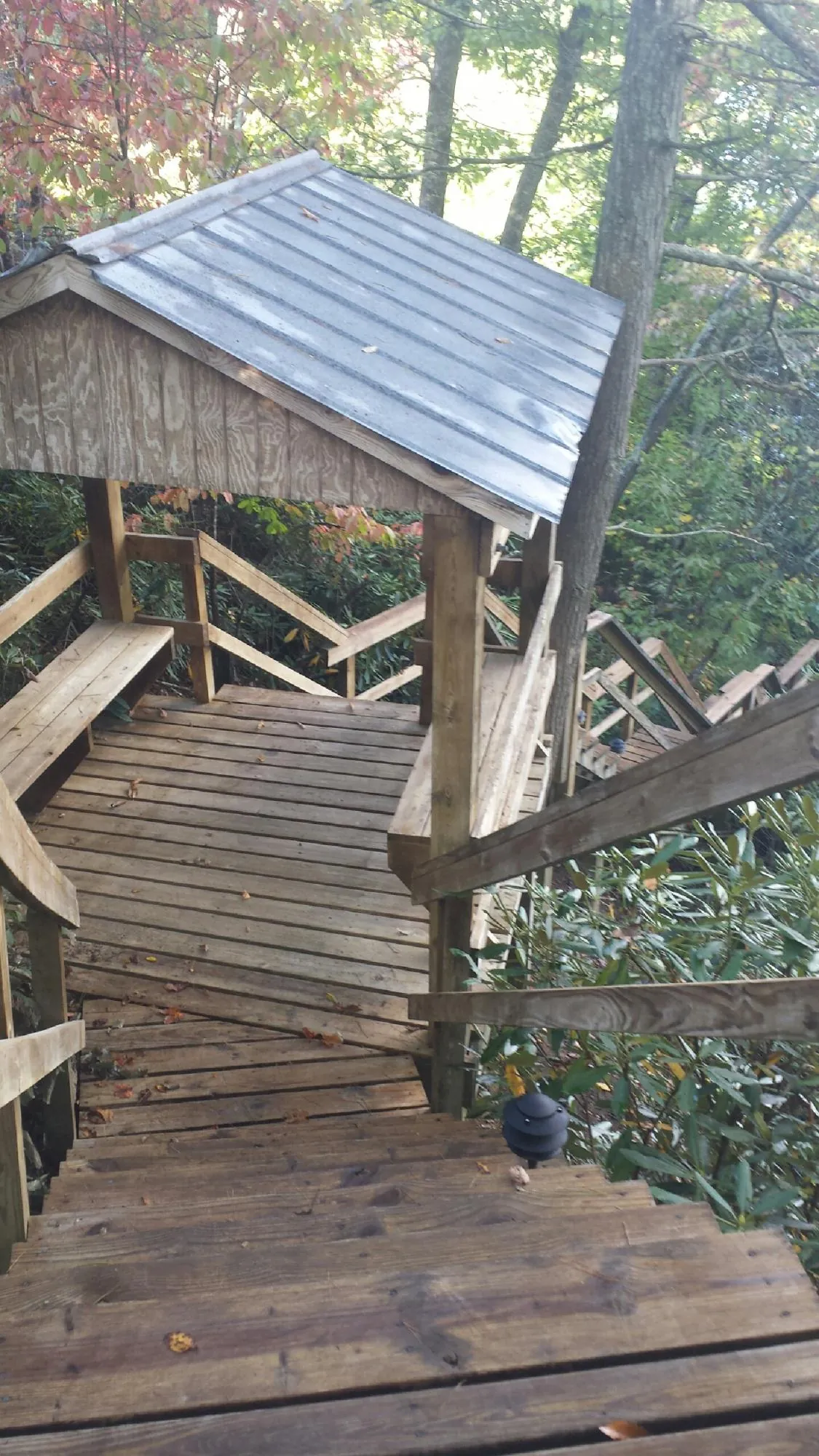 Metal roofed shelter over wooden steps on a wooded walkway — Skylight Repair & Installation work by our crew in Millersburg